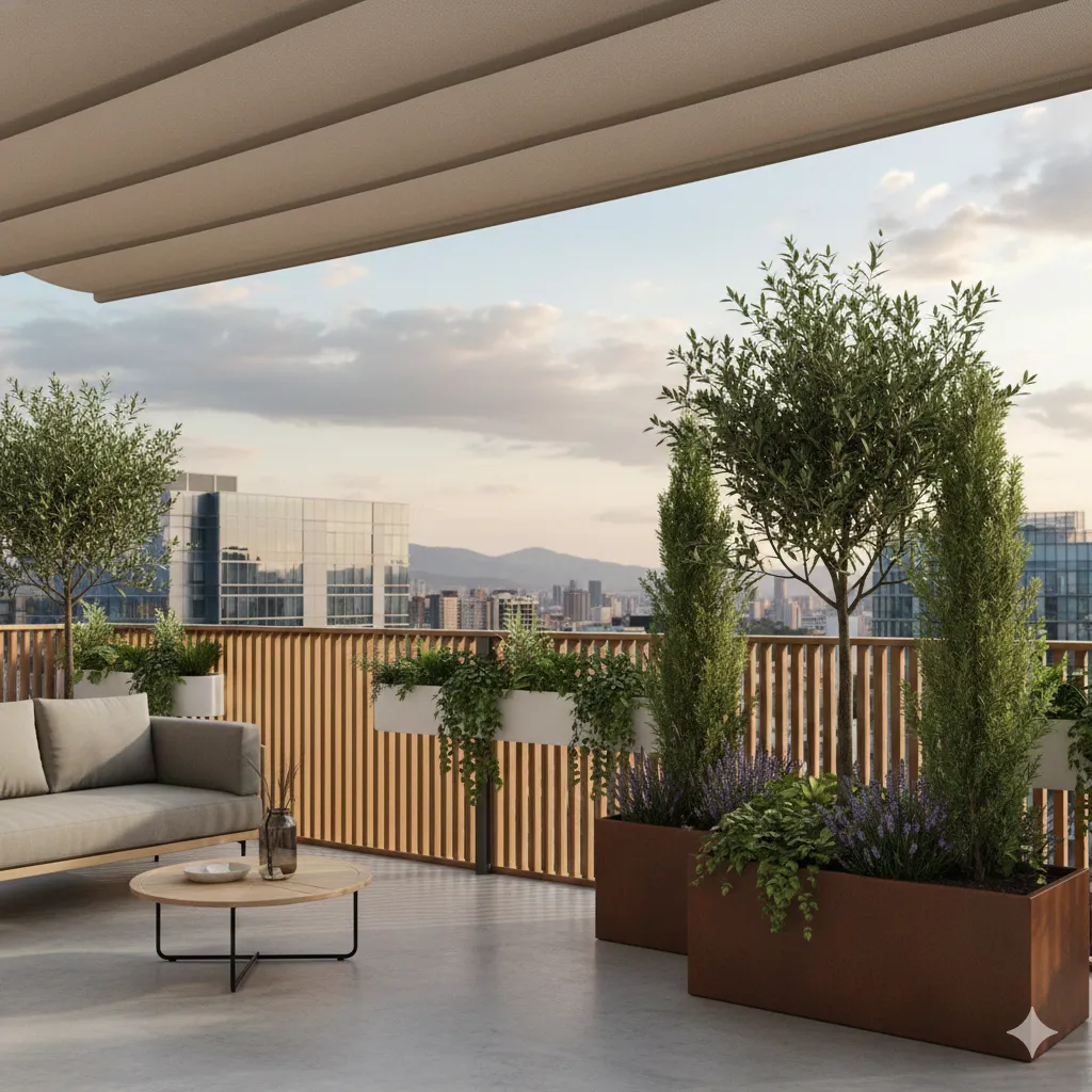 Modern balkonontwerp met groene planten en stijlvolle bloembakken