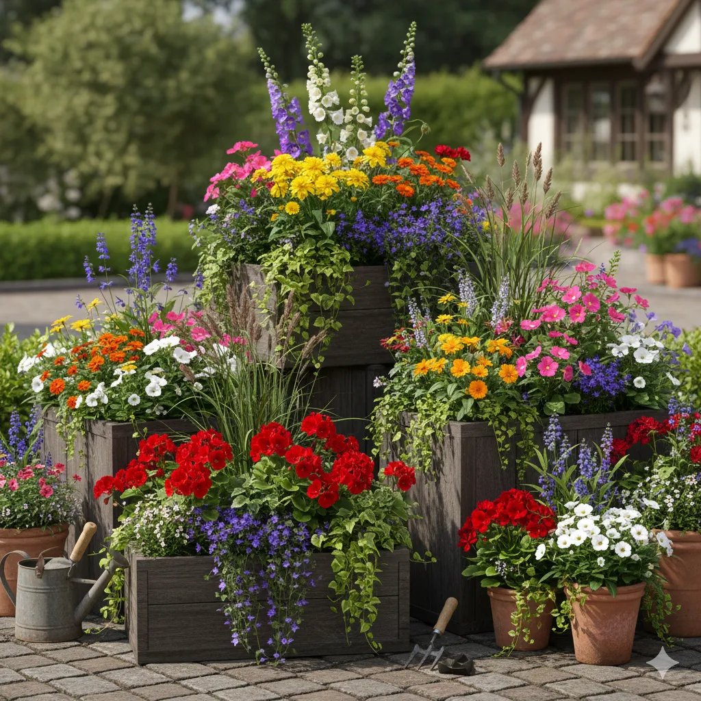 Kleurrijke bloembakken arrangement met seizoensplanten