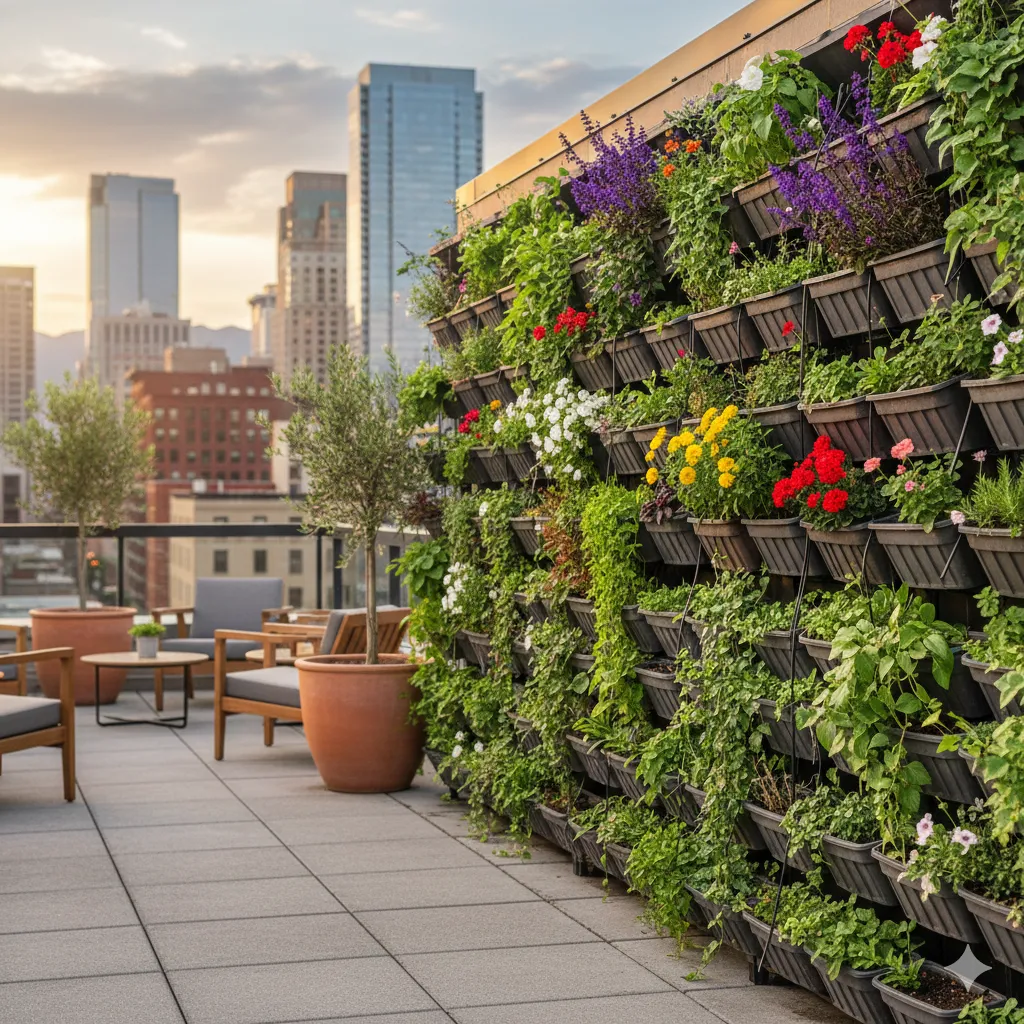Stadstuinontwerp met verticale bloembakken